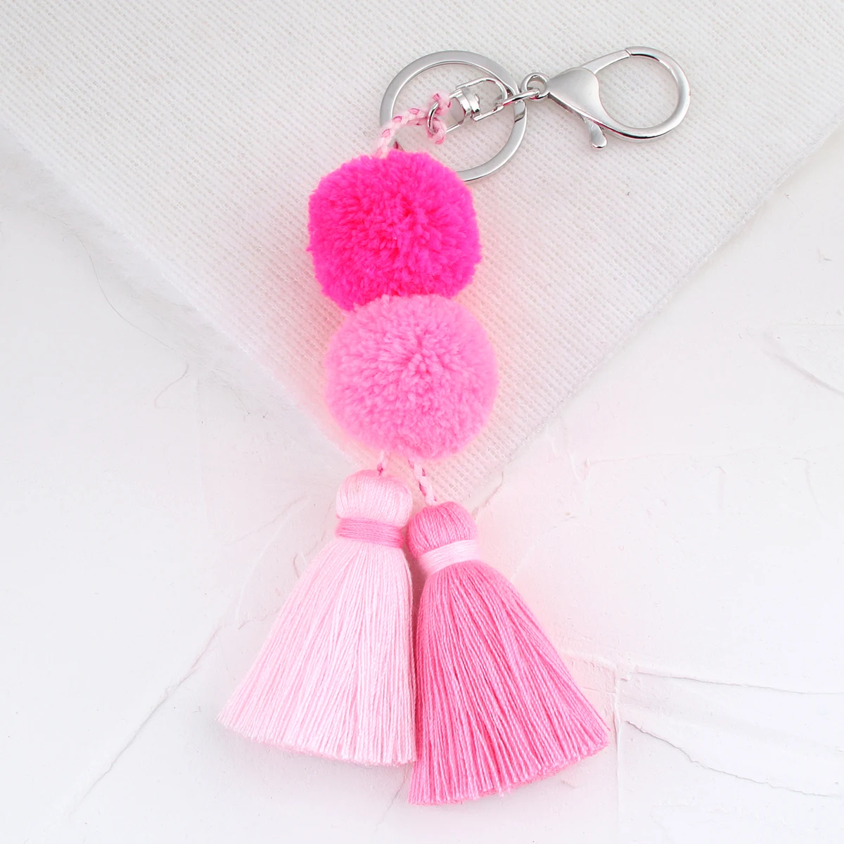 NXQXN 1pc Women Cute Pom Pom Keychain Bag Charms with Tassel Purse Charms Boho Keyring Neon Pink Mint