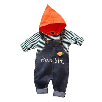 

Autumn Baby Girl Clothes Baby Casual Outfits Sets Long Sleeve Boy Striped Hoodie Sweatshirt+Strap Denim Trousers