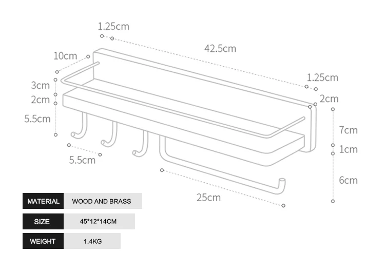 Ванная комната Многофункциональный вешалка для полотенец крючок полка из дерева и латуни