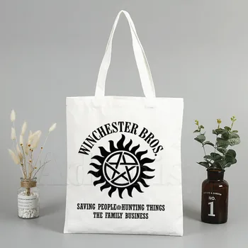 

Fashion TShirt Supernatural Winchester Bros Saving People Things Tote Bag Unisex Canvas Bags Shopping Bags Shoulder Bag Foldable