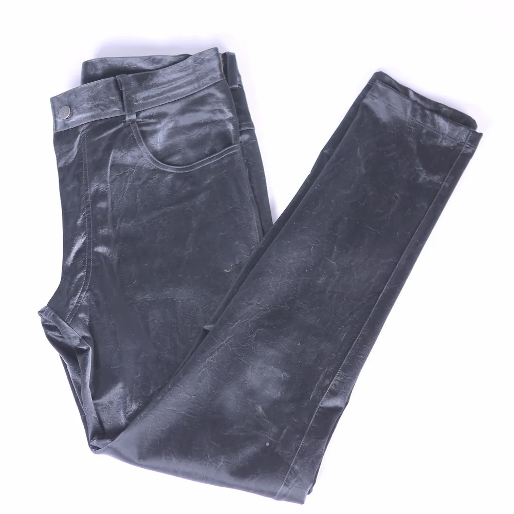 Men Sexy Slim Pants Faux Leather Motorcycle Trousers Tight Stretchy Casual Stylish