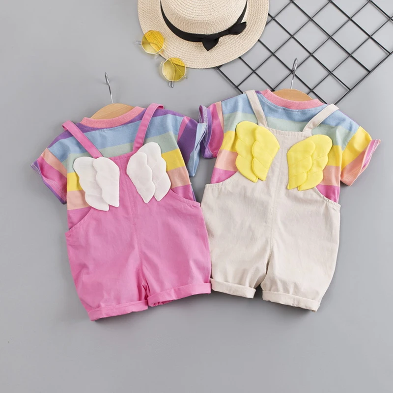 

2020 Summer New Baby Girls Rainbow Striped T-shirt+Pants Clothes Sets Infant Kids Fashion Angel wings Suspenders Girls Clothing