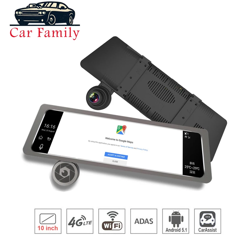 Android 5.1 Car DVR 4G 10 Inch Touch Dash Cam Rearview Mirror Dash Camera Dual Lens ADAS GPS Navigation Wifi Recorder