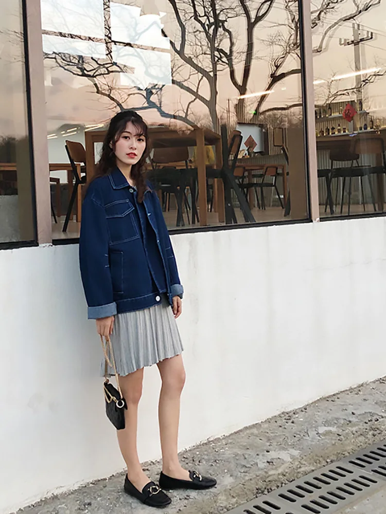 

Korean-style Decorative Open-line Contrast Color Jeans Coat Loose Casual Slimming Long Sleeve Jacket Fashion Female Spring