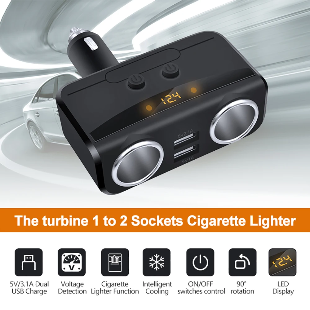 

1 to 2 Sockets Cigarette Lighter Dual USB Car Charger DC Outlet Power Adapter with On/Off Switch and Voltage Display Fast Charge