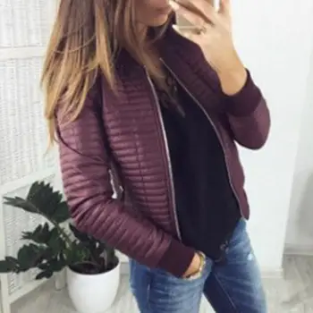 

Women Winter Solid Color Stand Collar Zipper Pocket Lightweight Warm Slim Jacket