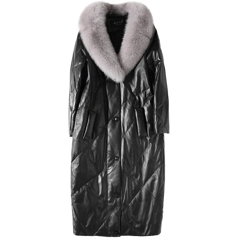Зимняя куртка, женские пуховики, Женская куртка из натуральной кожи, женские пуховики из овечьей кожи, длинная прогулочная верхняя одежда с лисьим мехом