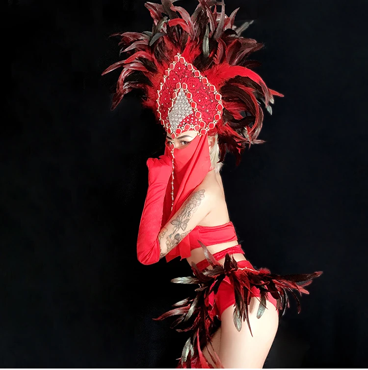 Red DS Bikini Ночной клуб Костюм Производительность Высокие Шорты Сценический Костюм Перо Ночной Клуб Танцевальная Одежда Сексуальная одежда
