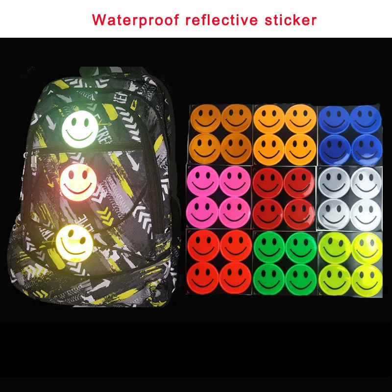 Pegatina reflectante de cara de sonrisa bonita, pegatinas de seguridad para bolsa escolar de dibujos animados de Pvc, pegatinas de decoración de papelería para seguridad de tráfico
