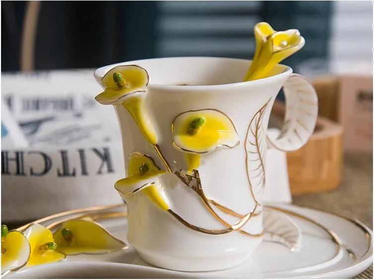3D Калла Лилия цвет эмаль кофейные чашки Bona Китай керамическая чашка с ложкой блюдце для завтрака молоко посуда для напитков классический чайный набор подарок
