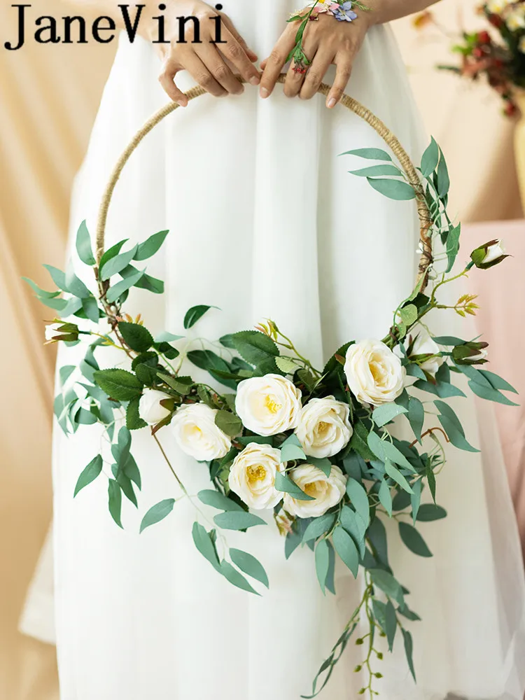 

JaneVini 2019 Round Hand-flowered Wreath Flower Basket Bridal Bouquets Artificial Bride Wedding Bouquet Decoration Ramo Noiva