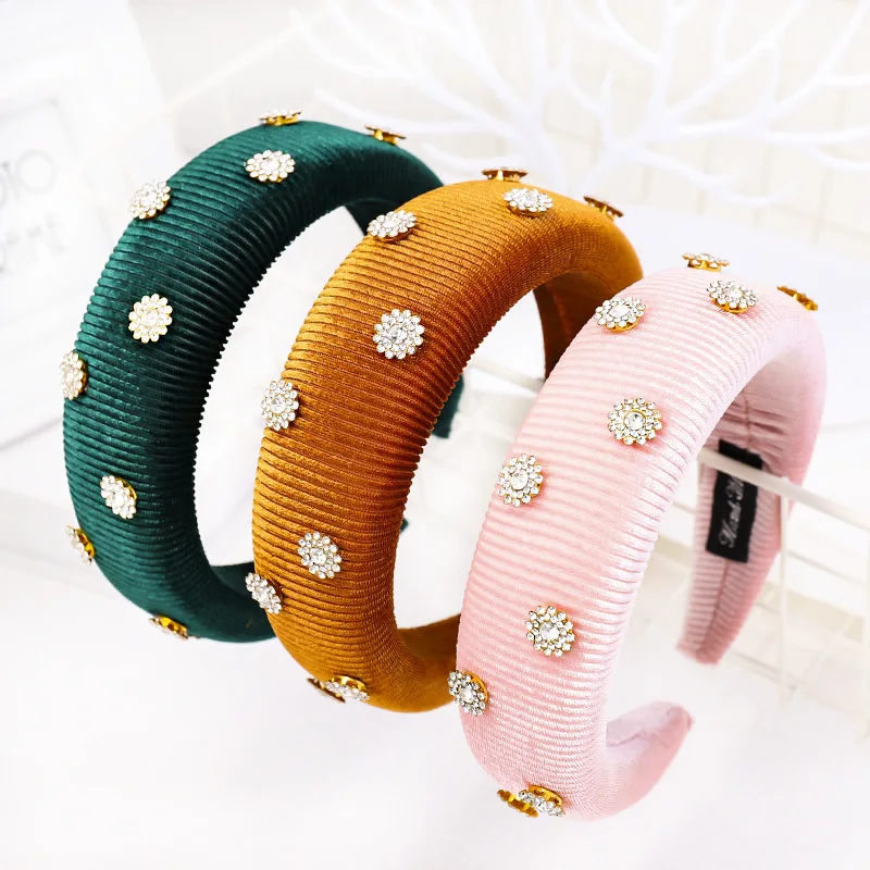 Xugar Rhinestone Gems Padded Headband for Women Wave Fabric Sponge Hairband Crystal Bezel Hair hoop Hair Accessories