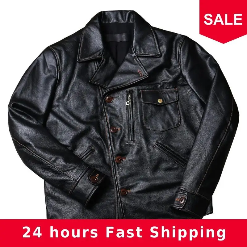 

2020 Black Men American Casual Style Leather Jacket Single Breasted Genuine Cowhide Spring Slim Fit Natural Leather Coat