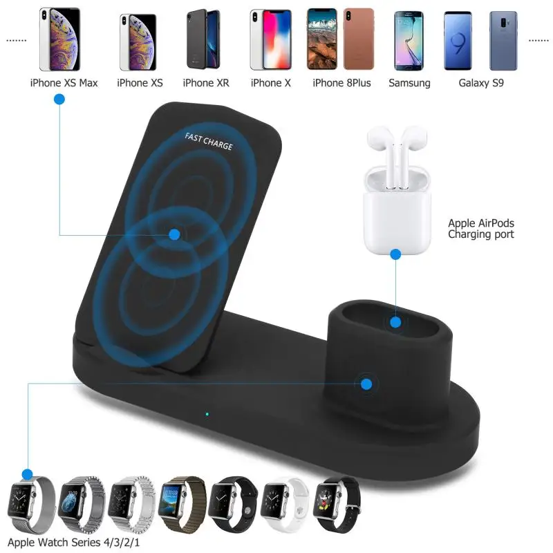 3-в-1 Беспроводной Зарядное устройство Base 10 Вт Bluetooth гарнитура для мобильного телефона, для iPhone, для iWatch, версия часы AirPods samsung huawei Xiaomi S9