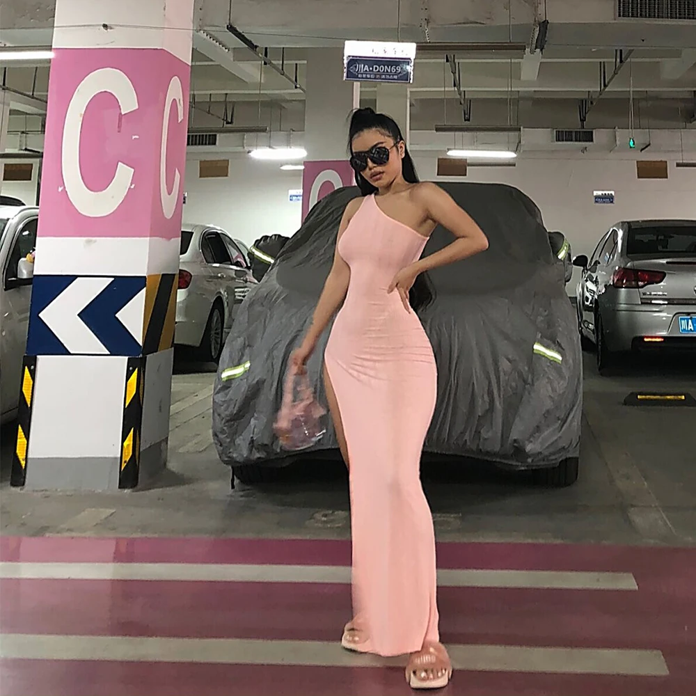 Ribbed Dress Kgfigu-Robe Sexy Maxi Bodycon Fitness Pink Slim One-Shoulder Hot-Sale Women