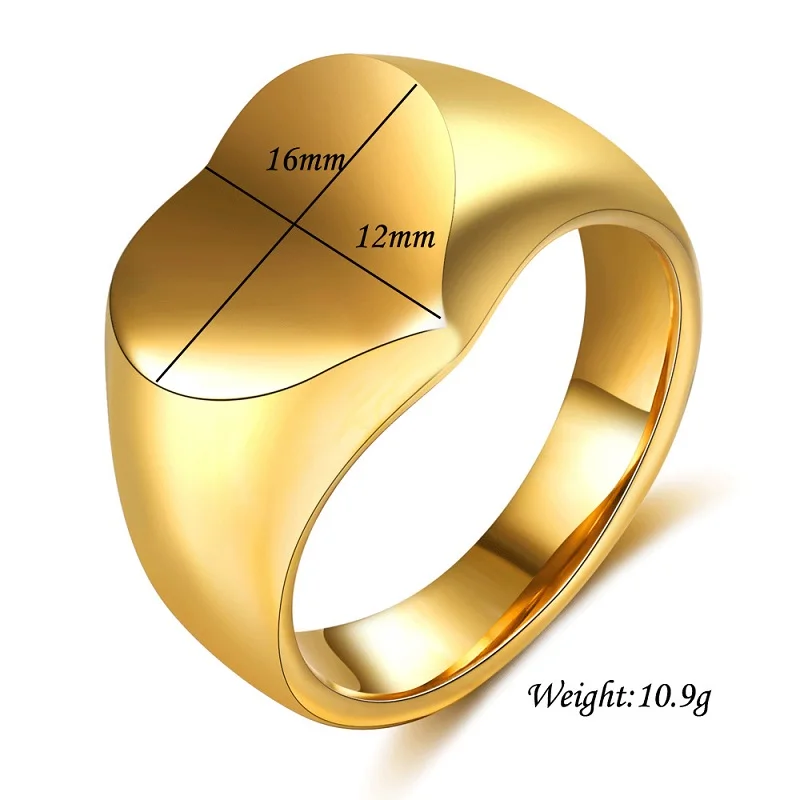 PVD 18k Gold Plated Chunky Stainless Steel Heart Signet Rings for Women Girls Fashion Jewelry Gift Waterproof 5