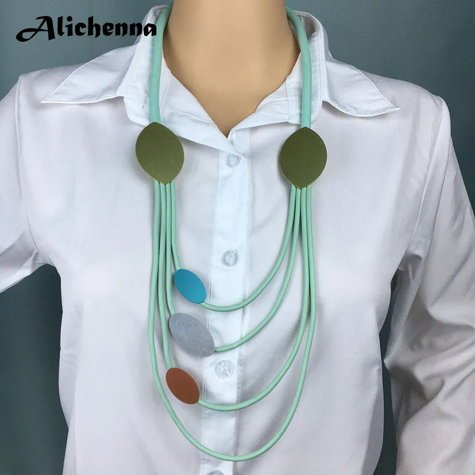 Модное геометрическое ожерелье из алюминиевого листового материала, Женское Ожерелье OL в стиле панк, длинное ожерелье ручной работы с резиновой кожаной веревкой