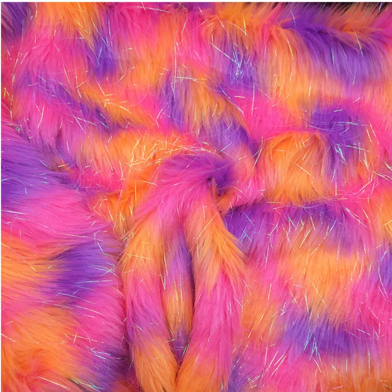 Bright Color Faux Fur Fabric Long Pile Rainbow Sparkling Tinsel