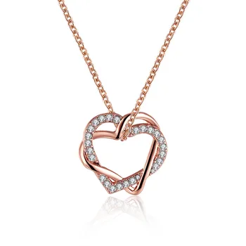 

NN16 Cute Double Heart Zirconia Stone 925 Sterling Silver women Necklace wedding jewelry