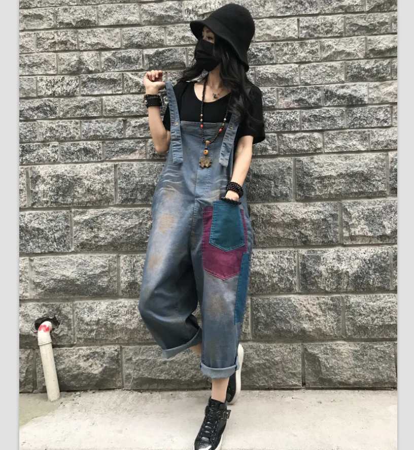 

Women Casual Loose Wide Leg Short Jumpsuit Plus Size Free Size Vintage Denim Rompers Jumpsuit Denim Playsuit Overalls