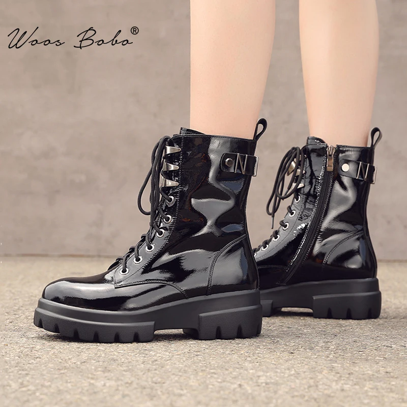 

Thick platform Martin boots women Patent leather round toe Metal design ankle boots women 2019 big size winter women punk shoes