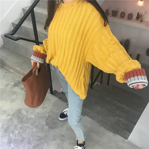 Woherb осень негабаритный свитер женский рукав полосатый принт корейский вязаный женский пуловер Женский Повседневный джемпер Sueter Mujer - Цвет: Цвет: желтый