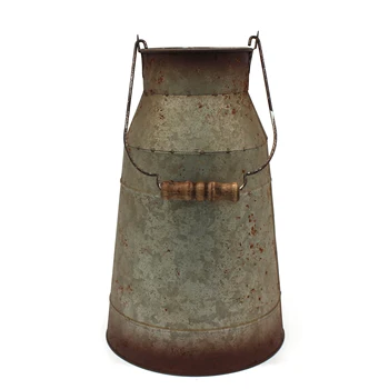 

10 Inch Galvanized Metal Milk Can with Wooden Handle, Old Rustic Farmhouse Pitcher Jug Vase for Home and Garden Décor.