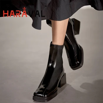 

HARAVAL Women Black Ankle Boots Stretch Elastic Leather Fashion Shoes Lady Square Toe Heels Elegant Waterproof Martin Boots E78L