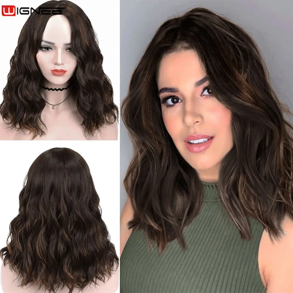 

Wignee Mixed Brown and Black Synthetic Wigs Middle Part for Women Glueless Wavy Daily Heat Resistant Natural Short Hair Wigs