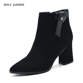 

Black Block Heel Suede Ankle Boots Women Pointed Toe Waterproof Non-Slip Stivali 2020 Winter New Female Chunky Heel Botas Mujer