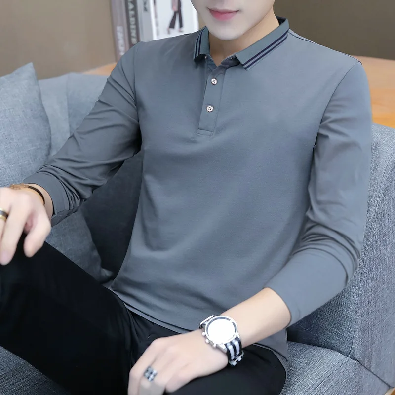 

Fall 2019 New Pure Men's Long Sleeve T-shirt with Flipped Collar T-shirt