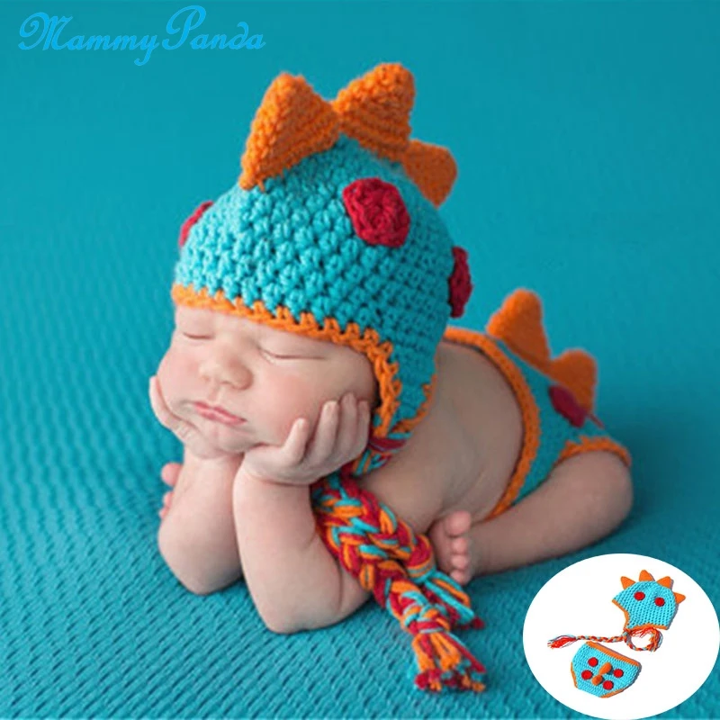 

MPANDA Newborn Photography Props Dinosaur Costume Knitting Baby Clothes For Photo Shoot Cartoon Hat Short Pants Set Outfits