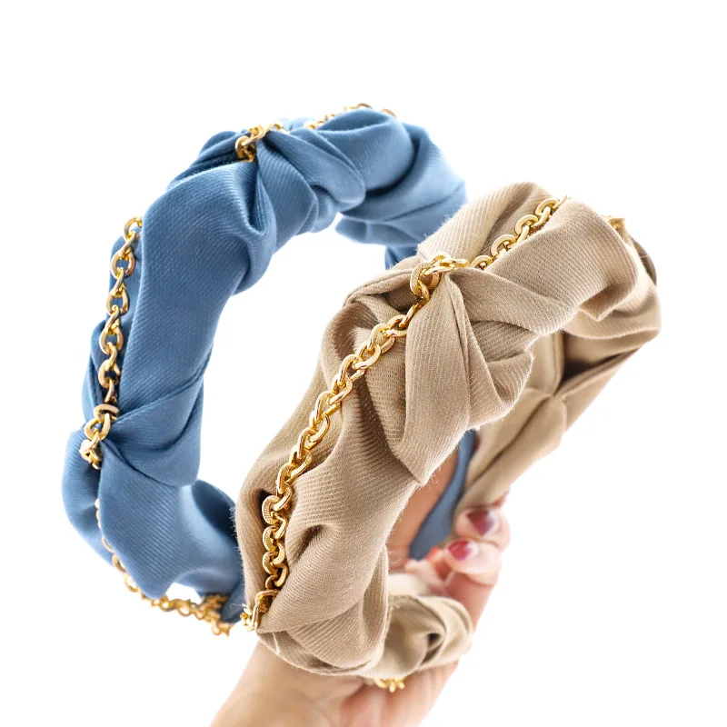 

Korean High end Boutique Hair Accessories Women's Gold Chain Cross Stitching Fabric Wide-brimmed Cute Hairband Birthday Headband