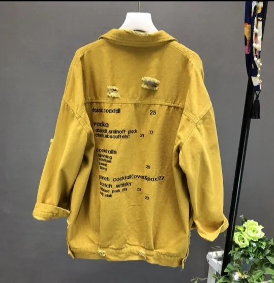 

2019 New Autumn Women Ink Letter Embroidered Wash Water Denim Jacket Loose Outwear Students Female Hole Jeans Coat Outwear