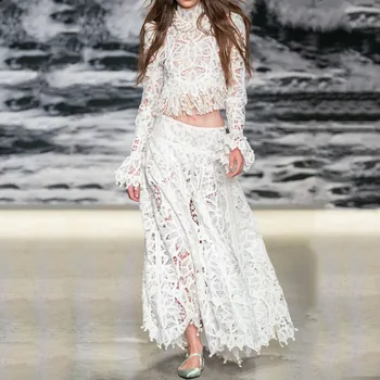 

woman white two piece set embroidered tassel tops long skirts