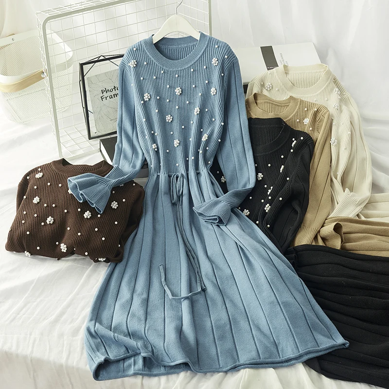 ALPHALMODA, вязаное платье с жемчугом, однотонное, с бусинами, для тяжелой работы, для женщин, милое, с поясом, плиссированное, вязаное платье