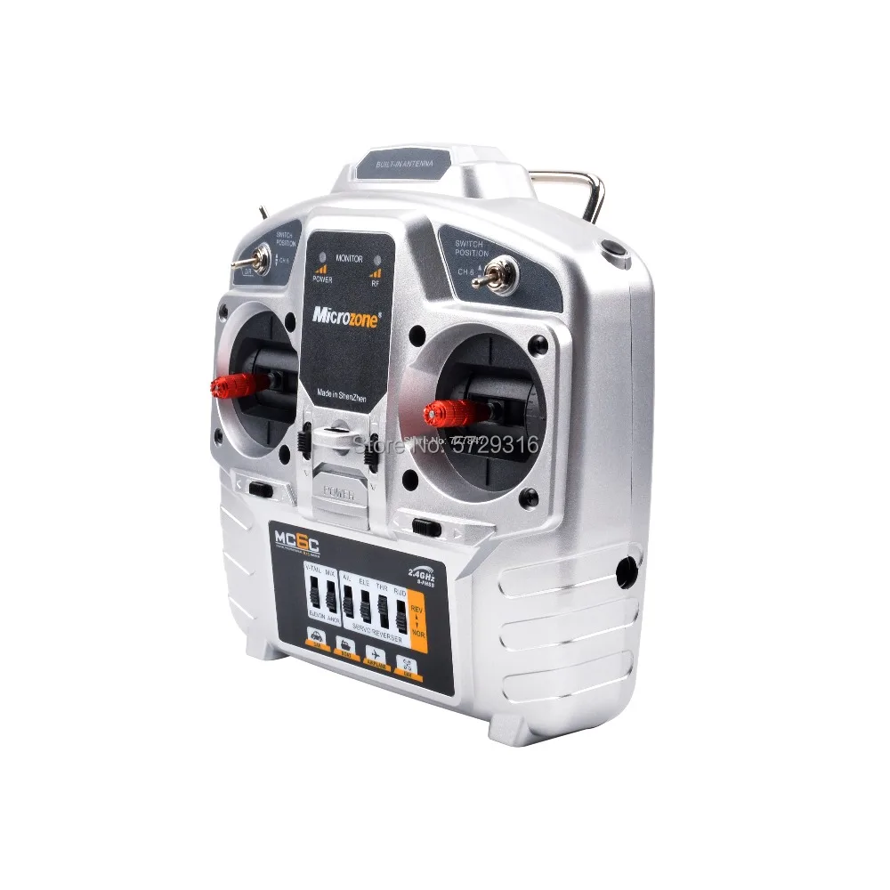 Radiocommande MicroZone MC6C 2.4GHz 6 canaux avec récepteur, prête pour drone ou avion RC.