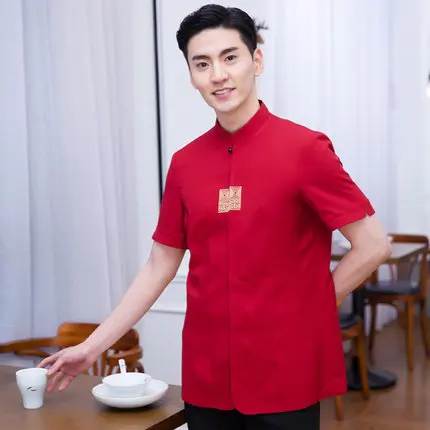 male Red top Стиль официант китайского ресторана Рабочая одежда летняя Кейтеринг винтажная, этнический стиль Модная элегантная мужская и женская униформа официанта - Цвет: male Red top
