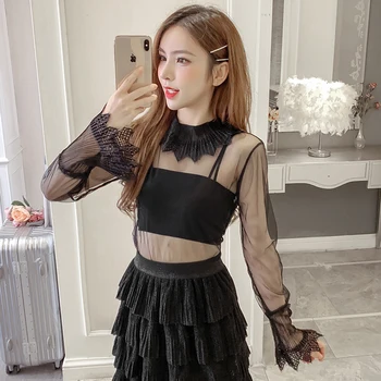 

COIGARSAM Sexy Lace blouse women New Spring Chiffon Mesh blusas womens tops and blouses White Black 615