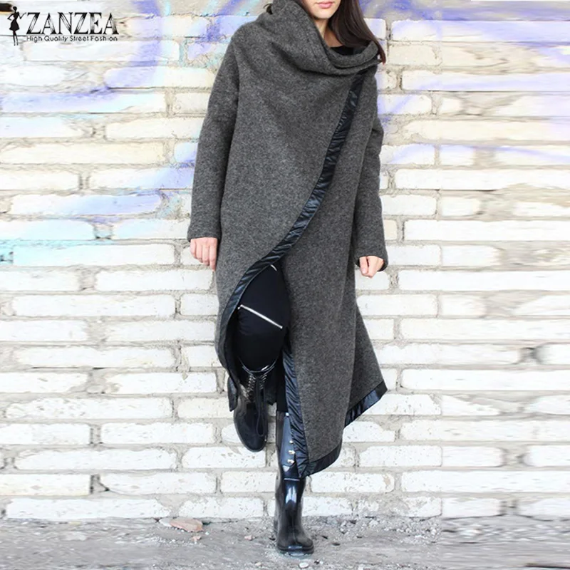 Новинка, ZANZEA, женское повседневное длинное пальто с длинным рукавом, Осень-зима, теплое пальто, ассиметричная ветровка, куртки, верхняя одежда, Chaqueta