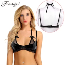 Женский Wetlook женское белье из лакированной кожи экзотические танки Холтер шеи регулируемые бретельки кружева подол открытый бюстгальтер укороченный топ