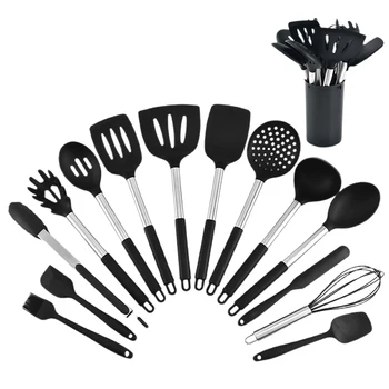 

15pcs Silicone Non Stick Kitchen Cooking Utensil Set Scratch Proof Easy Clean With Storage Barrel Home Heat Resistant Cookware