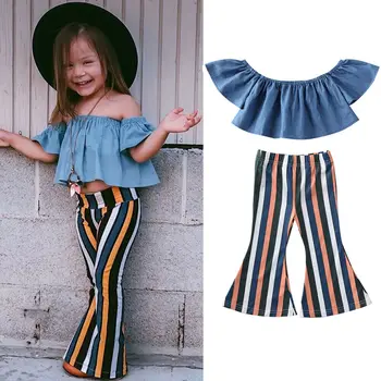 

Free Shipping Summer Set Children Clothes Baby Girls Off Shoulder Ruffles Tops Stripe Pants Kids Clothes Set 2Pcs Outfits