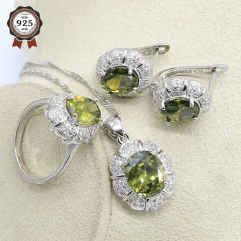 

Olive Green Zircon Silver Color Wedding Jewelry Set for Women with Earrings Necklace Pendant Ring Birthday Gift