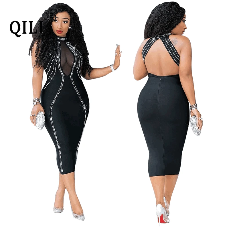 QILI-vestido Sexy de fiesta para mujer, sin mangas, Espalda descubierta, diamantes, vestidos con strass negro, malla transparente, ceñido al cuerpo