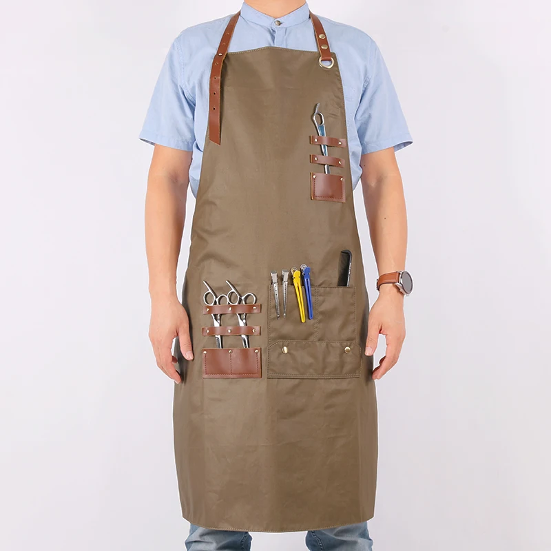 WEEYI Women Men Hairdresser Apron Cotton Bib Aprons Kitchen With Leather Straps Adult Apron For Work Barber Chef Drawing BBQ