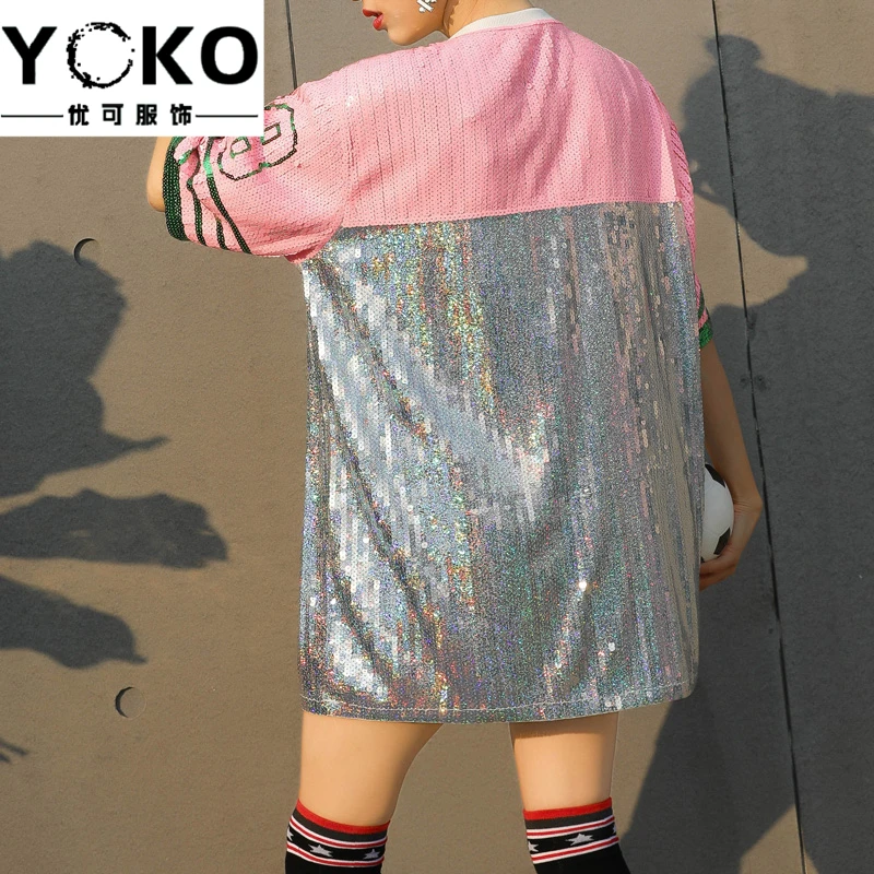 YOKO буквенно-цифровое сшитое блестящее короткое платье с блестками новые сценические костюмы для выступлений женские свободные футболки размера плюс с блестками