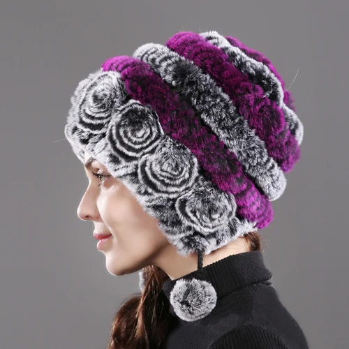 gray and purple Новые зимние женские натуральные шапки из меха кролика рекс ручной вязки Настоящий мех кролика шапки Настоящий мех кролика Skullies Beanies Hat - Цвет: gray and purple