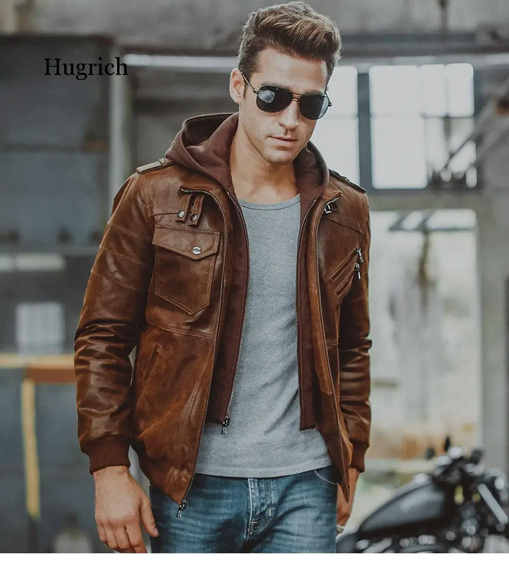 High Quality Men's Motorcycle Removable Hood Winter Coat Men Warm Leather Jackets