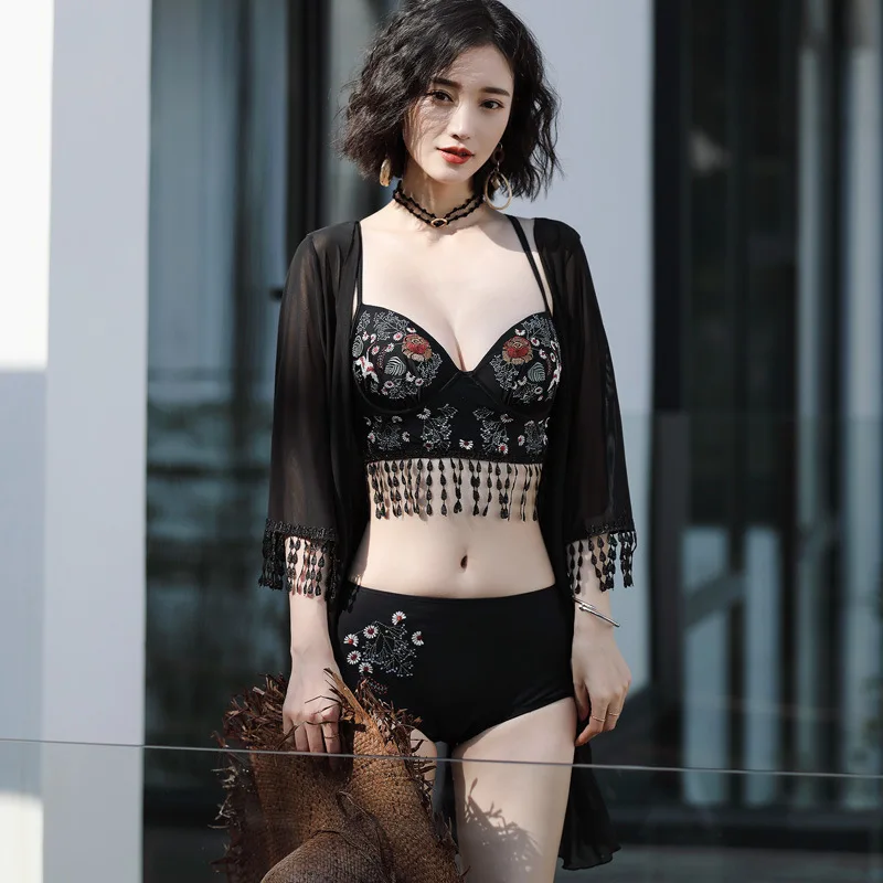

2018 Retro Swimwear Handmade Crochet Tassels Blouse Bathing Suit Knitted Hollow out Three-piece Set Split Type Bikini